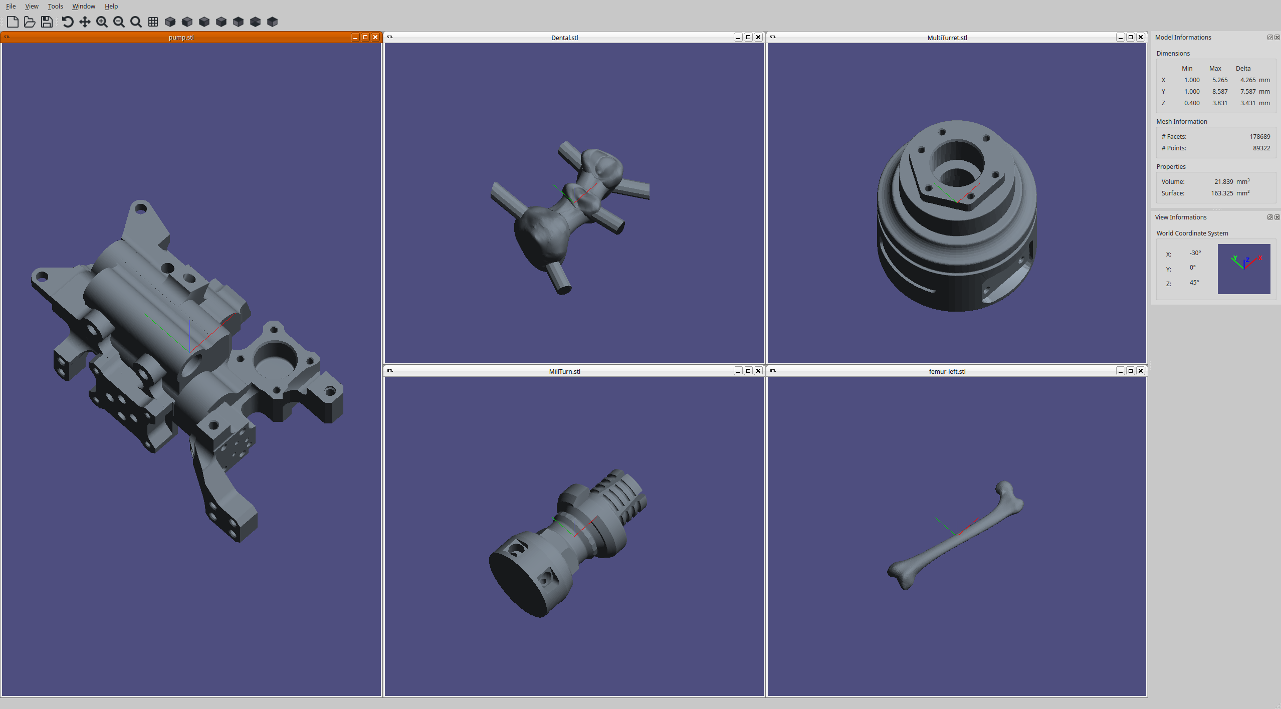 STLViewer showing multiple STL files open simultaneously