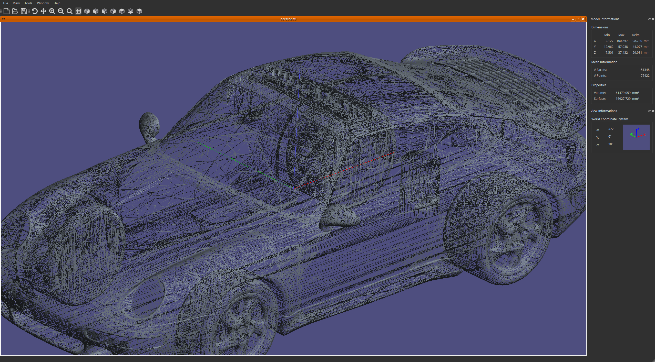 STLViewer showing an STL files opened in wireframe mode